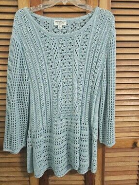 Norm Thompson Light Blue Crochet Knit Top Coastal Boho Size Medium